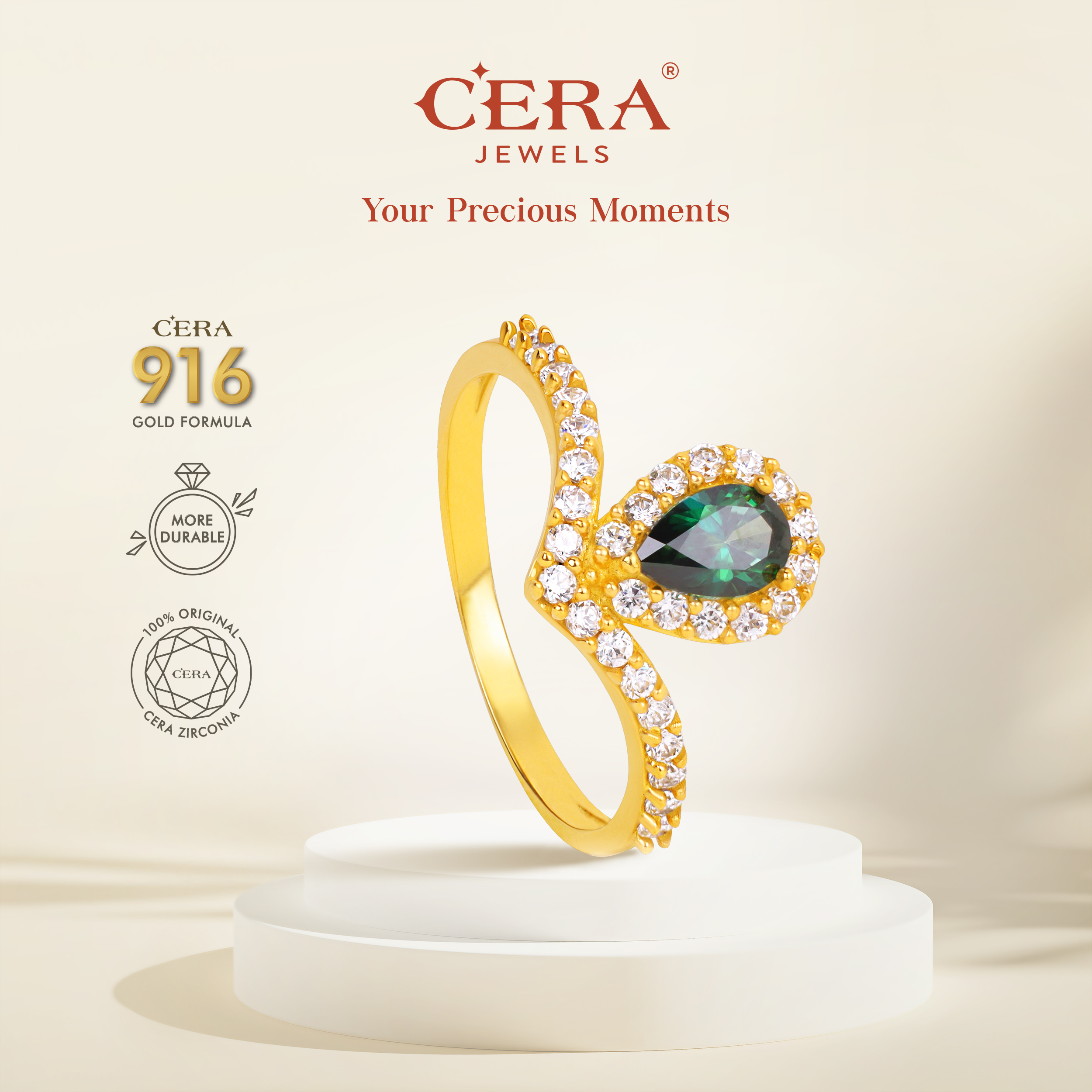 CERA 916 Gold Pear Chevron Ring CR9079